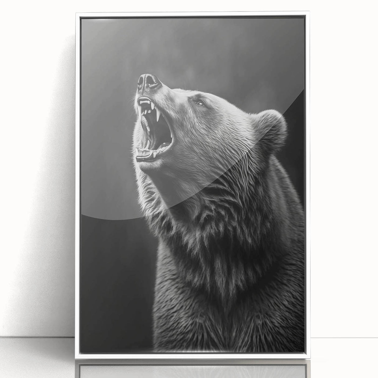 Framed wall art featuring a black bear design, displayed in a white frame with a sleek acrylic front. Ideal for wildlife enthusiasts and modern decor.