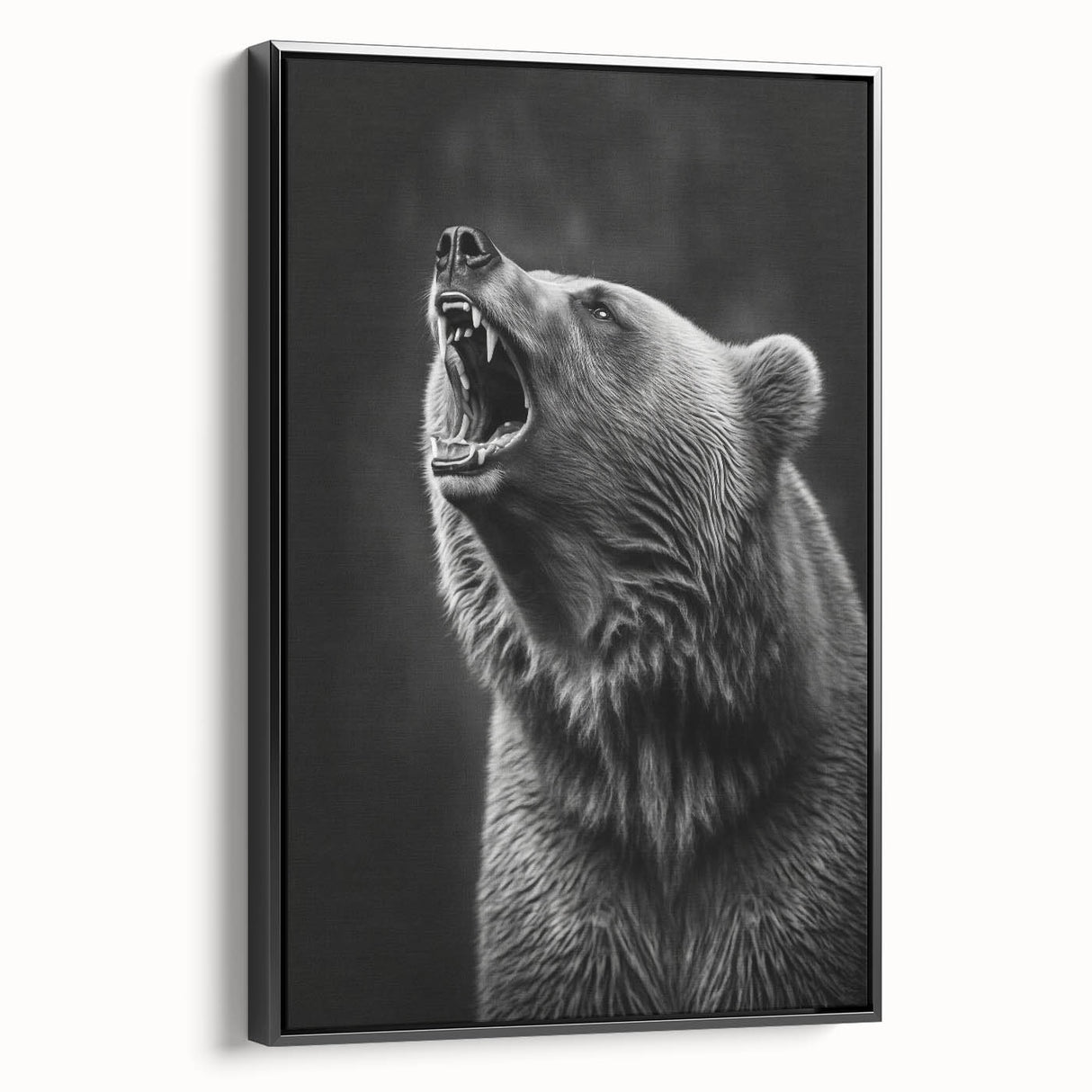 Framed wall art showcasing a striking black bear design on canvas, displayed in a stylish black frame, perfect for nature enthusiasts and home decor.