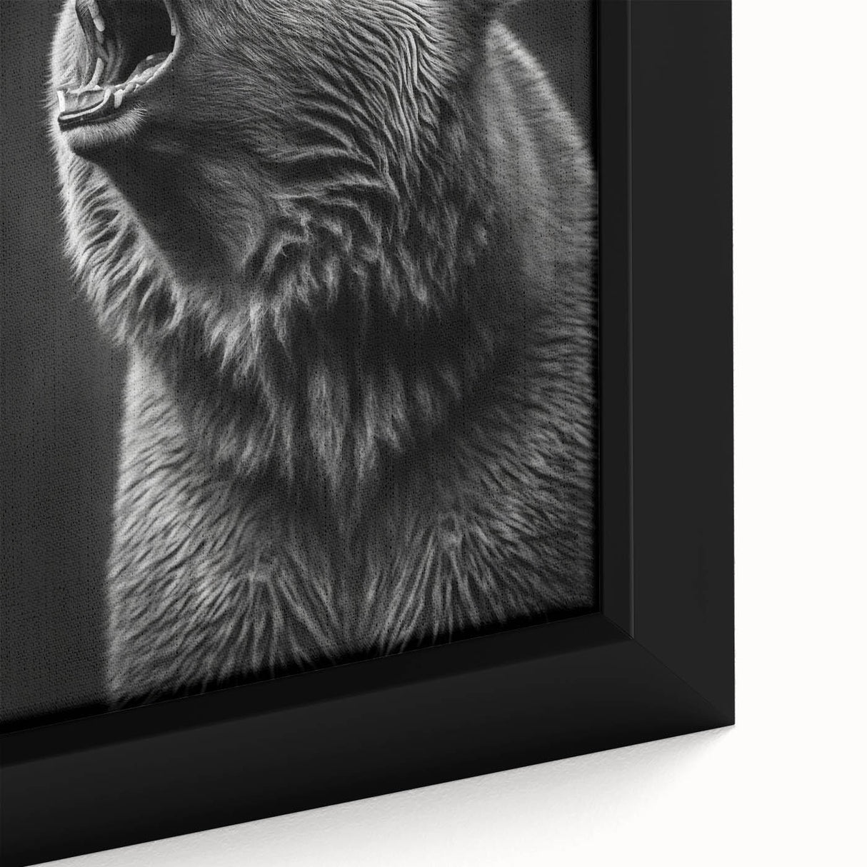 Close-up view of a framed black bear wall art piece, showcasing intricate details and textures of the design, ideal for nature-themed home decor.