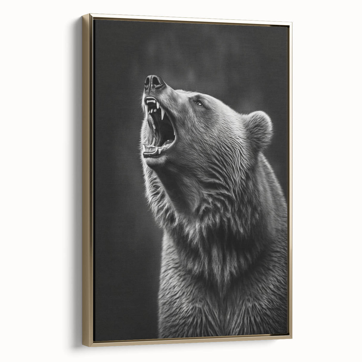 Framed wall art featuring a striking black bear design on canvas with a gold frame, showcasing detailed fur textures and a captivating side view. Perfect for wildlife enthusiasts and home decor.