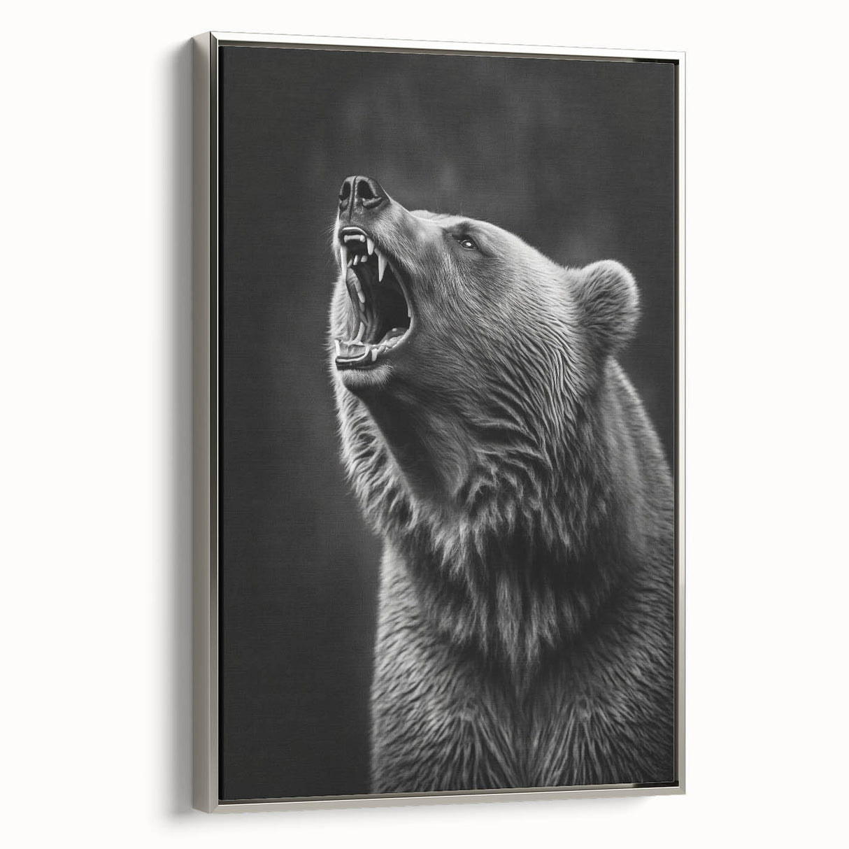 Framed wall art featuring a striking black bear design on textured canvas, elegantly displayed with a silver frame, adding a modern touch to any decor.