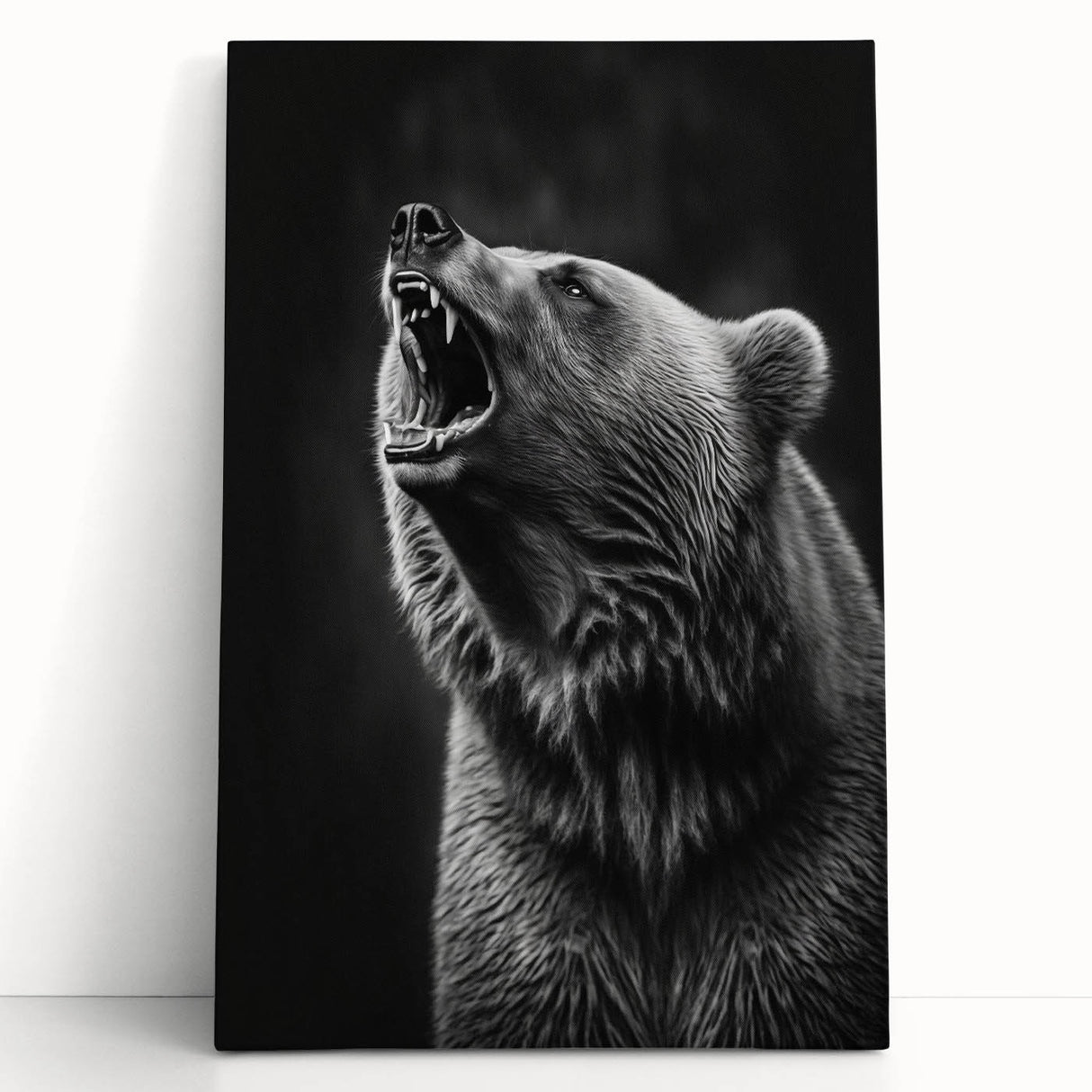 Black bear wall art design on stretched canvas, showcasing a detailed, realistic depiction of a bear in a natural setting. Ideal for wildlife enthusiasts and home decor.