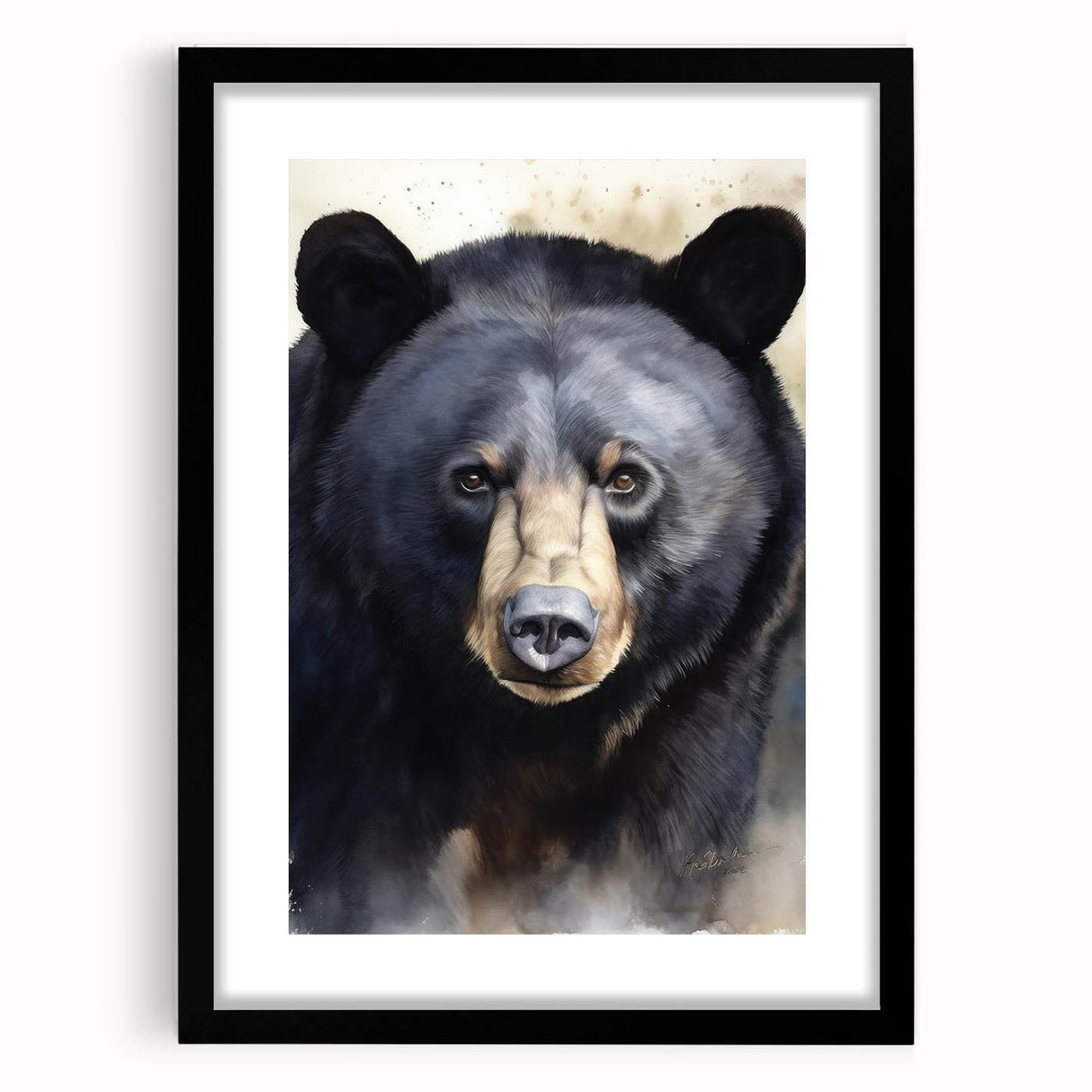 Framed wall art featuring a striking black bear design with a matte finish, showcased in a sleek black frame, perfect for nature lovers' home decor.