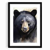 Framed wall art featuring a striking black bear design with a matte finish, showcased in a sleek black frame, perfect for nature lovers' home decor.
