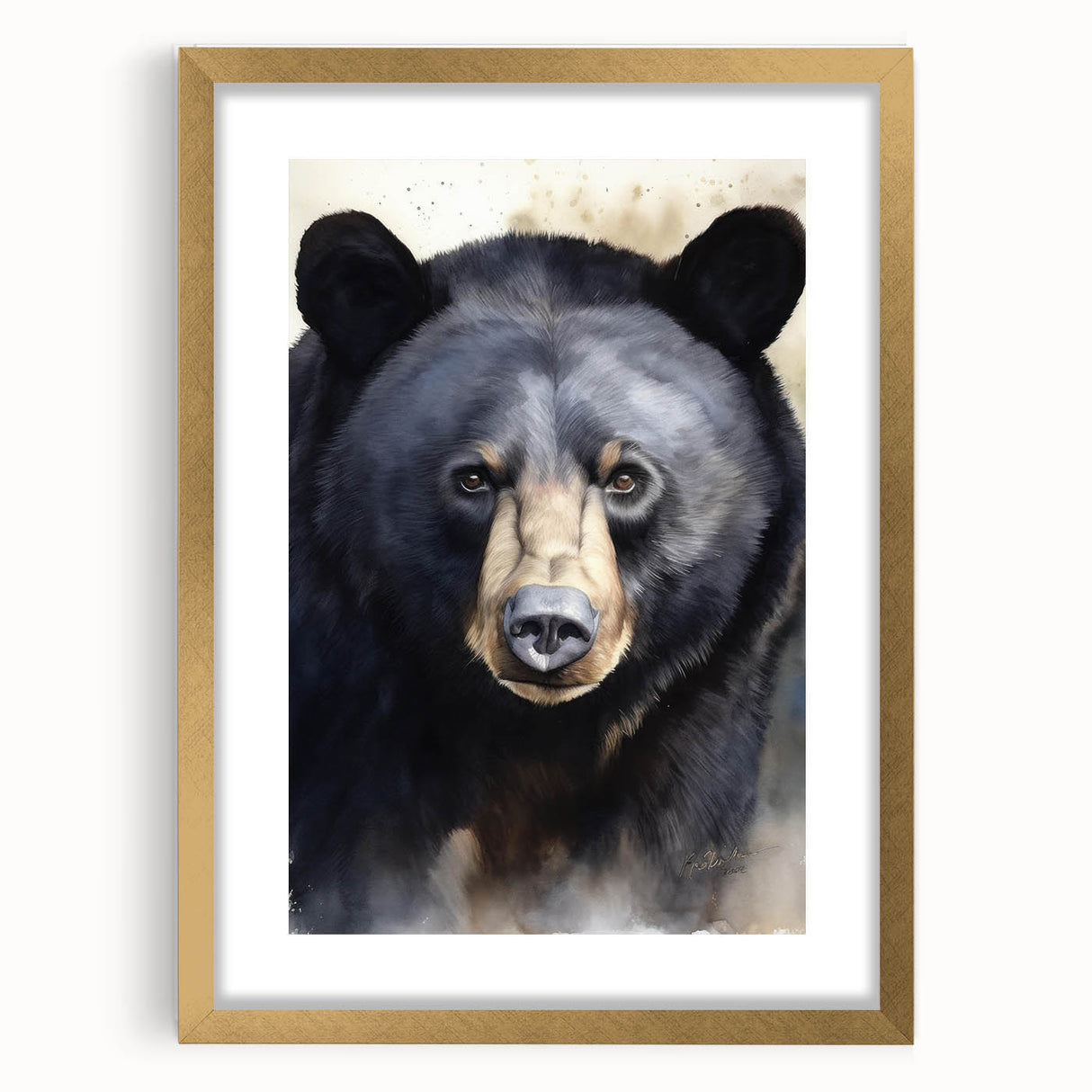 Black bear wall art design in a gold frame with matting, showcasing intricate details and a sleek front view, perfect for nature-themed decor.