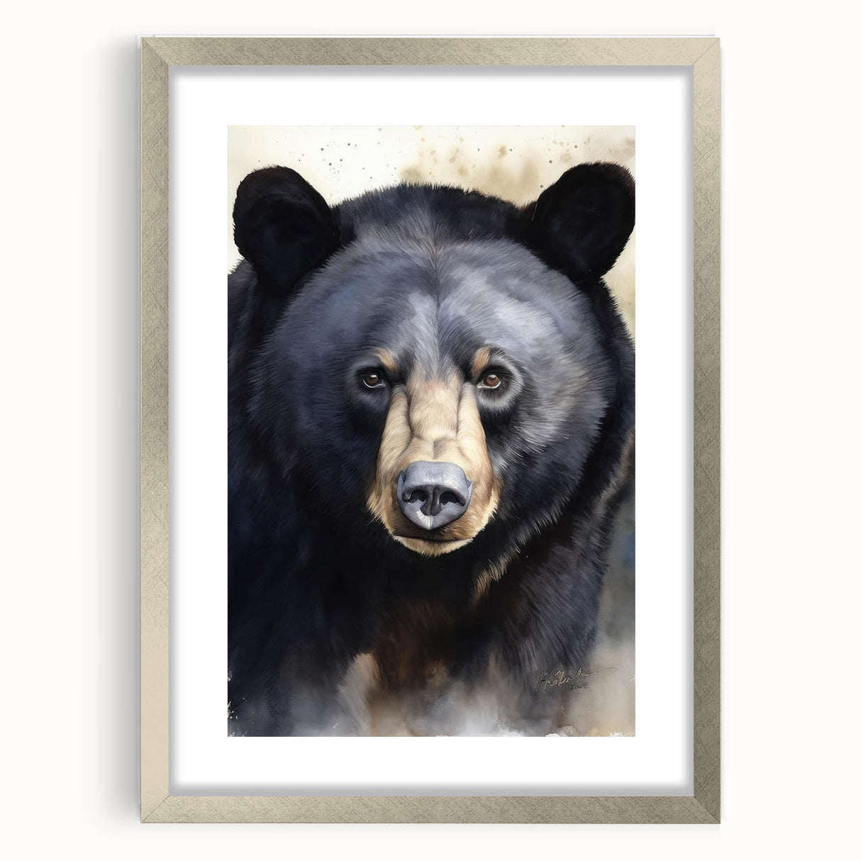 Black bear wall art design framed in silver, showcasing intricate details and a stylish mat, perfect for enhancing modern home decor. Ideal for wildlife enthusiasts.
