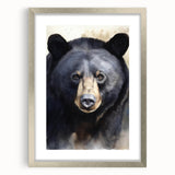 Black bear wall art design framed in silver, showcasing intricate details and a stylish mat, perfect for enhancing modern home decor. Ideal for wildlife enthusiasts.