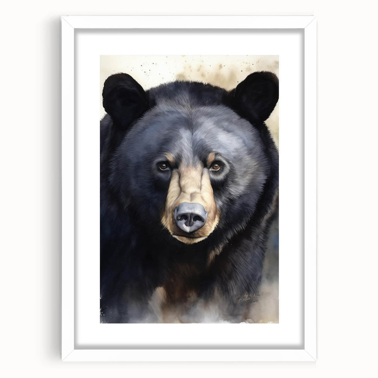 Black bear wall art design in a white frame with a mat, showcasing intricate details and natural colors, perfect for wildlife enthusiasts and home decor.
