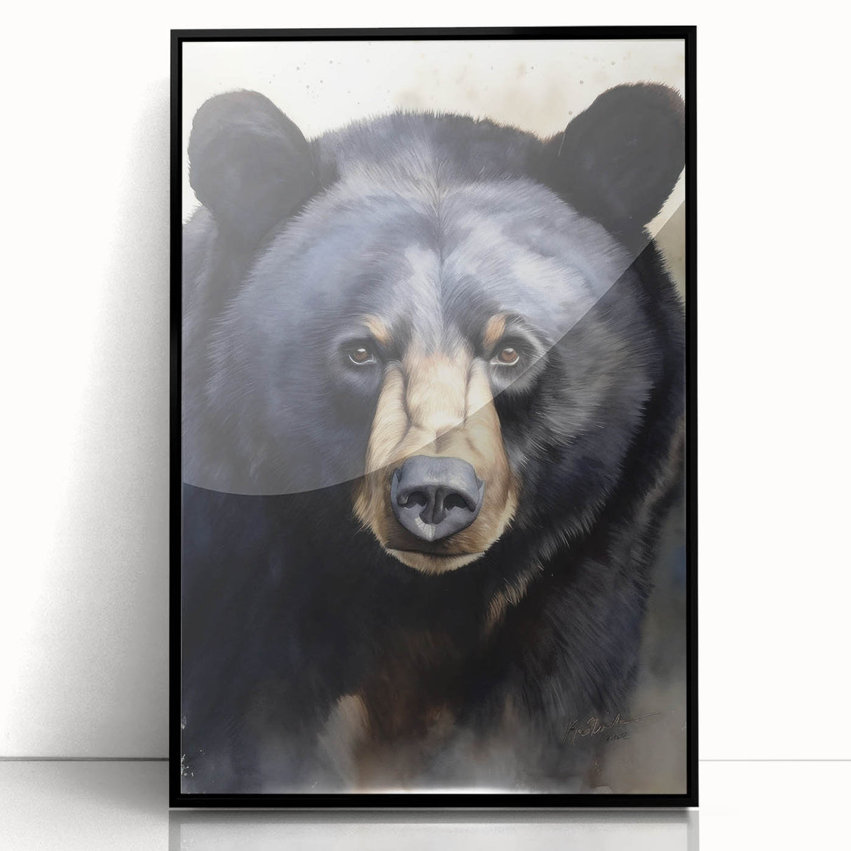 Framed black bear wall art design showcasing a striking acrylic finish, perfect for nature enthusiasts. Features a sleek black frame, enhancing any decor style.