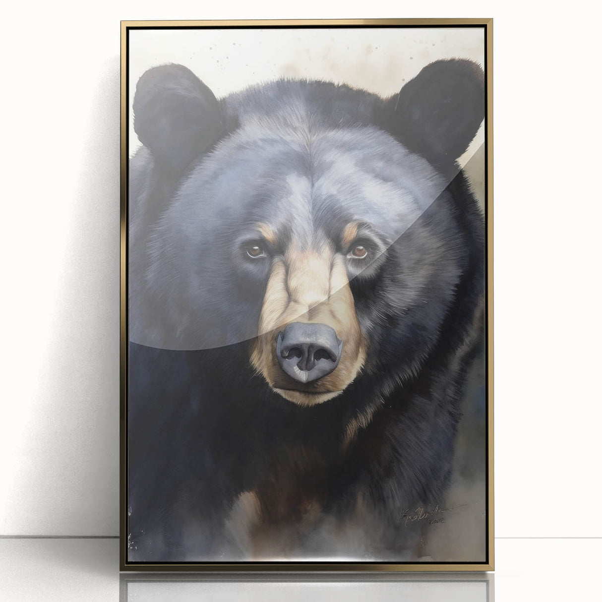 Framed black bear wall art with a gold-accented acrylic front, showcasing a striking wildlife design. Perfect for nature enthusiasts and home decor.