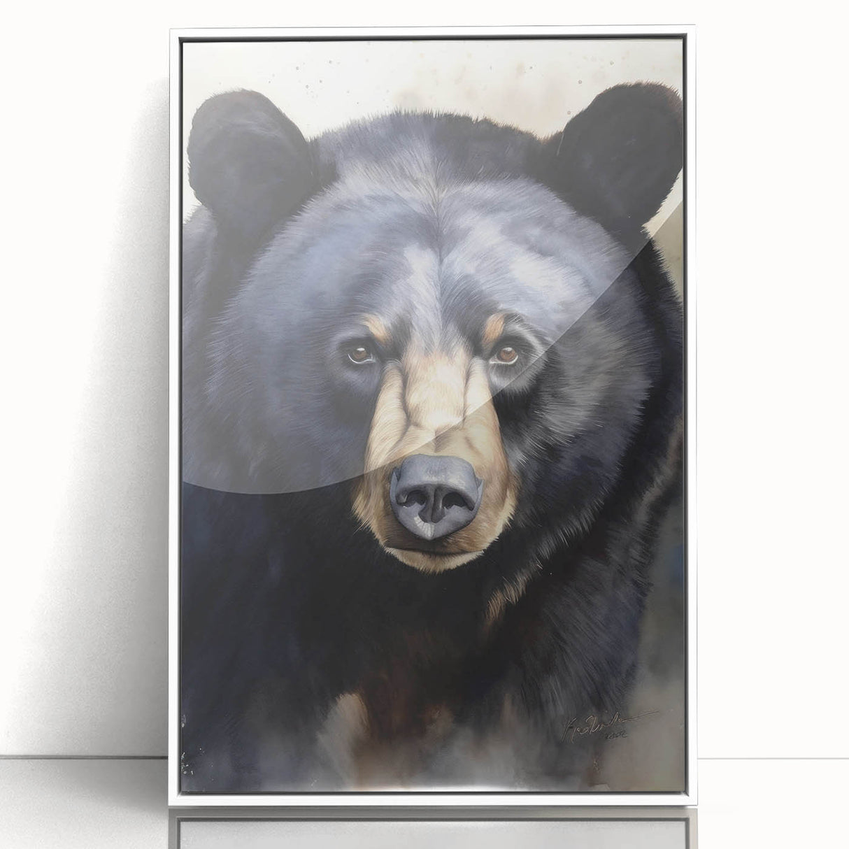 Framed wall art featuring a striking black bear design on an acrylic surface, showcasing intricate details and vibrant colors, perfect for nature enthusiasts.