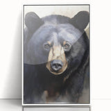 Framed wall art featuring a striking black bear design on an acrylic surface, showcasing intricate details and vibrant colors, perfect for nature enthusiasts.