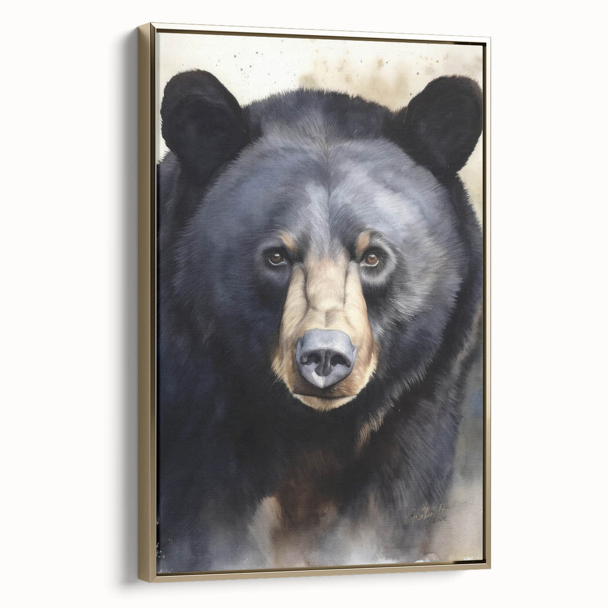 Framed canvas wall art showcasing a black bear design with a gold frame, set against a neutral background; perfect for wildlife enthusiasts and nature-inspired decor.