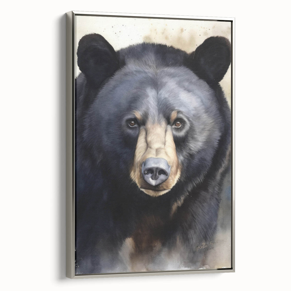 Framed wall art featuring a black bear design on textured canvas, showcased with a sleek silver frame, ideal for nature-themed home decor and wildlife enthusiasts.
