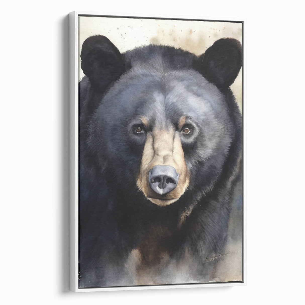 Framed canvas wall art featuring a striking black bear design on a white background, displayed in a side view to highlight its contemporary aesthetic and artistry. Perfect for nature lovers and home decor enthusiasts.