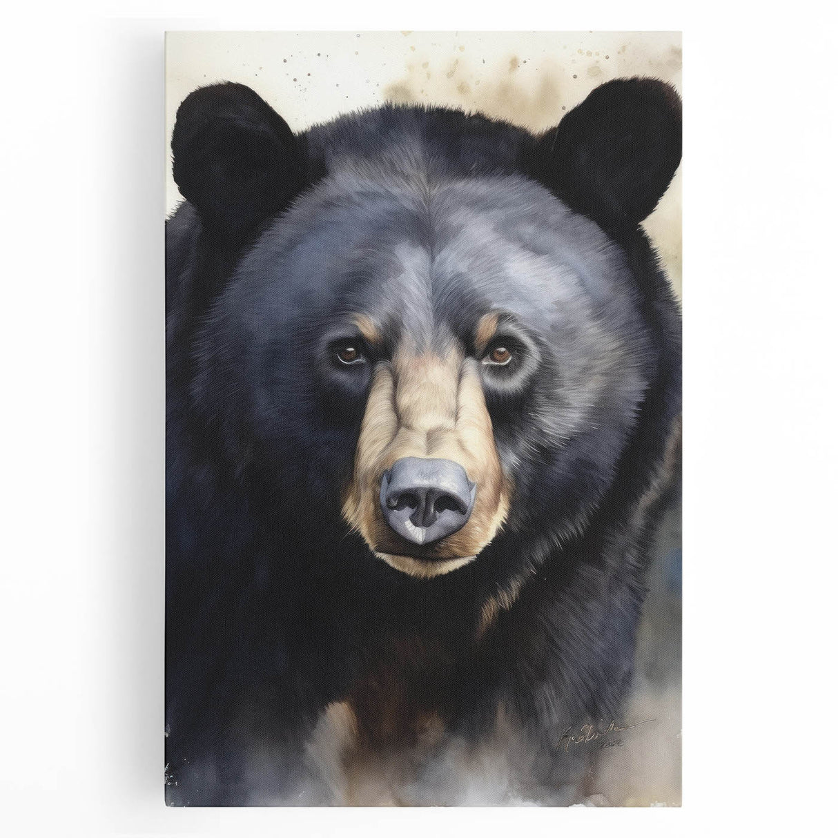 Black bear design wall art on stretched canvas, showcasing intricate details and vibrant colors, perfect for enhancing rustic or nature-themed decor.