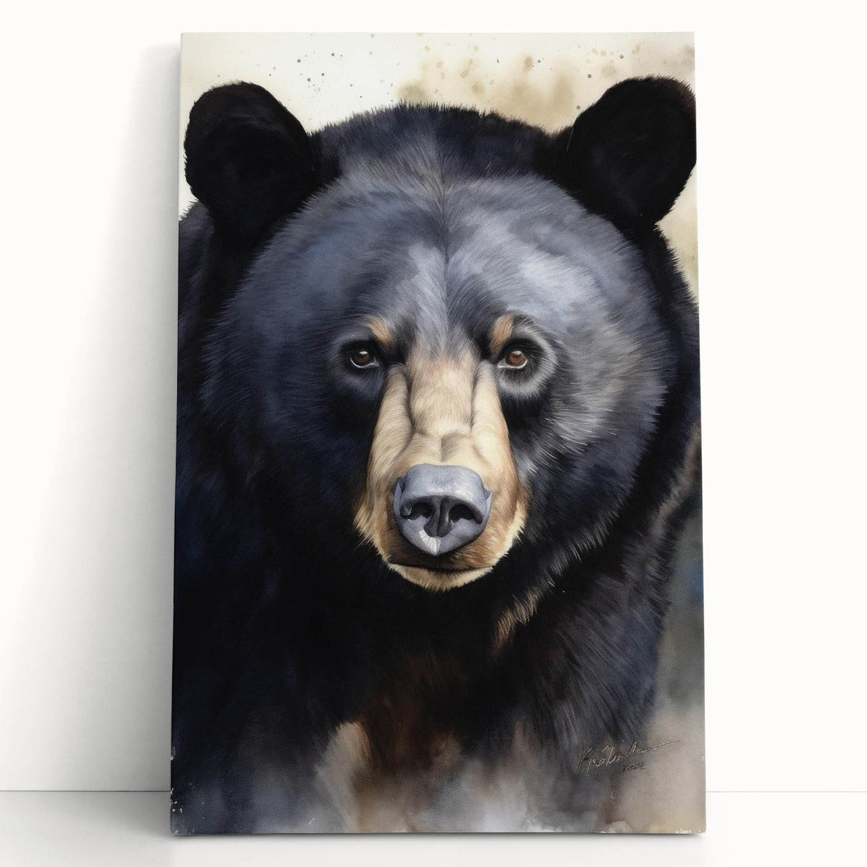Black bear wall art design printed on stretched canvas, showcasing intricate details and rich colors, perfect for nature-themed home decor or wildlife enthusiasts.
