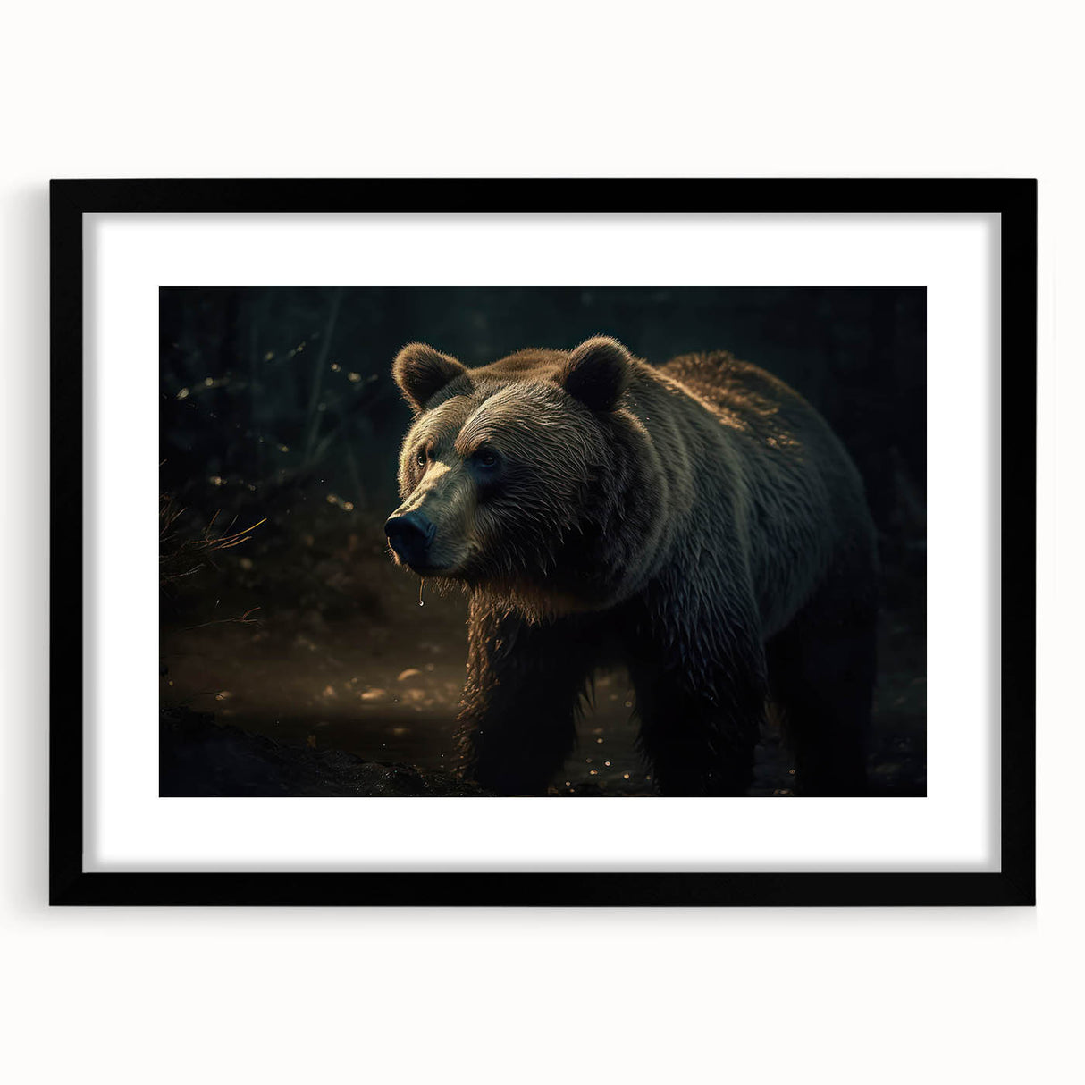 Framed wall art showcasing a striking black bear design with a white mat, ideal for nature-themed decor, enhancing living spaces with wildlife charm.