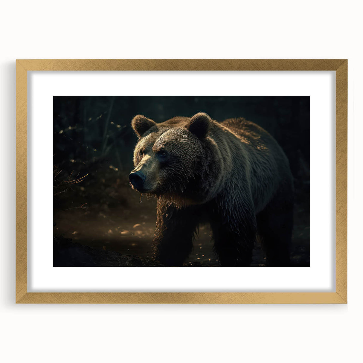 Black bear wall art collection featuring a framed design with a gold mat, showcasing a striking front view of the bear. Ideal for nature enthusiasts and home decor.