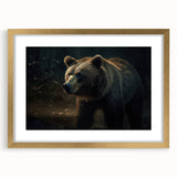 Black bear wall art collection featuring a framed design with a gold mat, showcasing a striking front view of the bear. Ideal for nature enthusiasts and home decor.