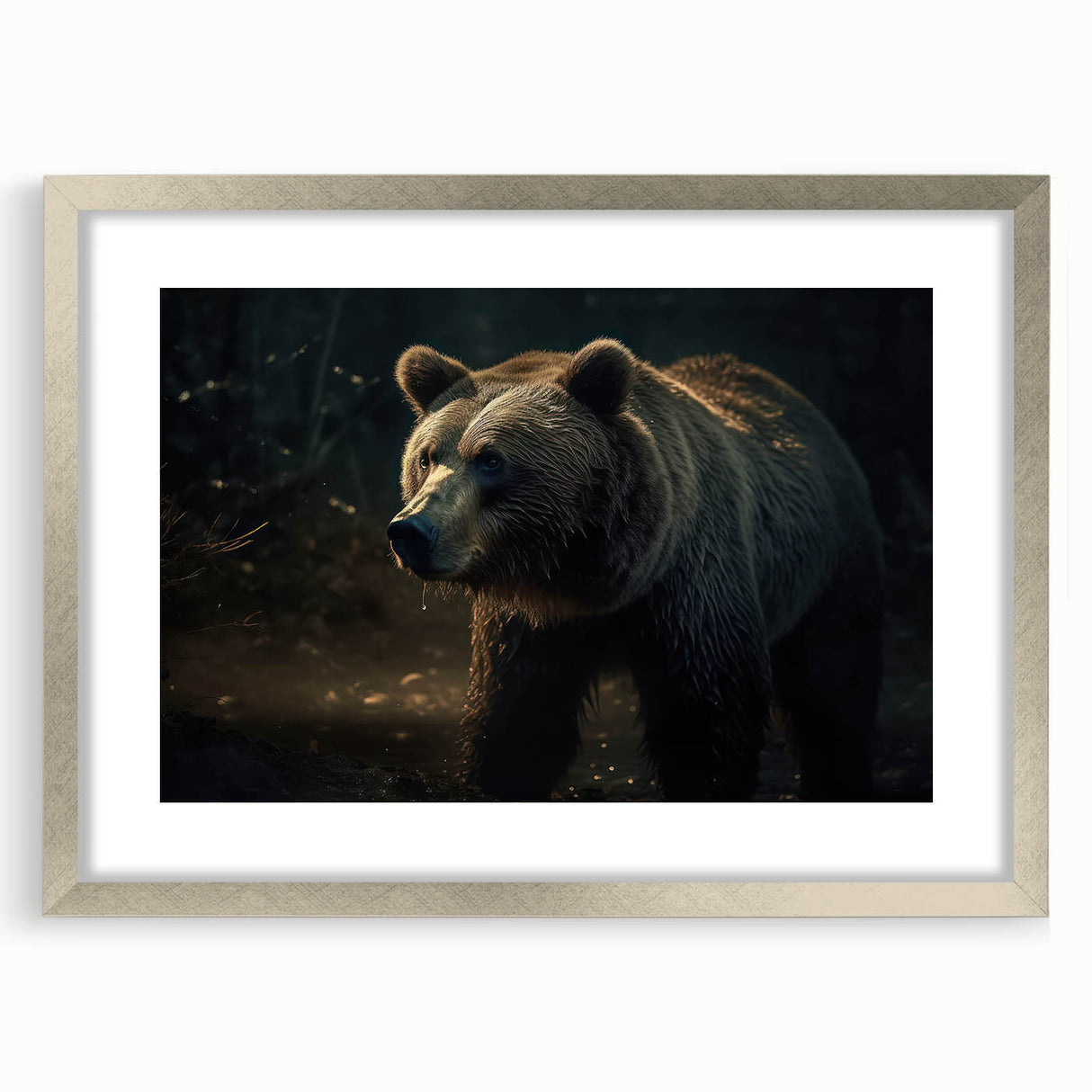 Framed black bear wall art featuring a sleek silver frame and mat, designed for home decor enthusiasts seeking nature-inspired aesthetics. Perfect for wildlife lovers.