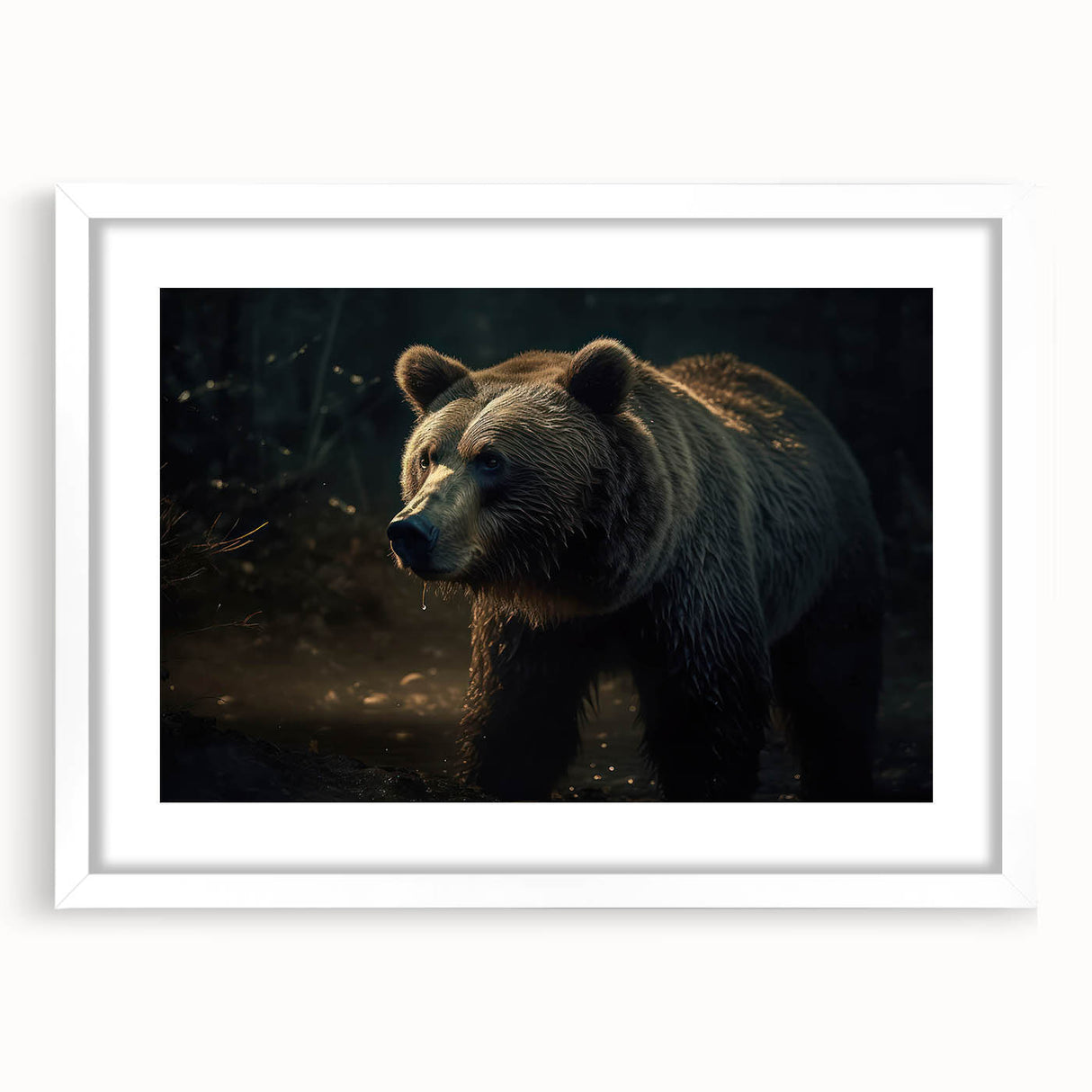 Black bear wall art framed with a white mat, showcasing a striking design with bold colors and detailed features, perfect for nature-themed decor.