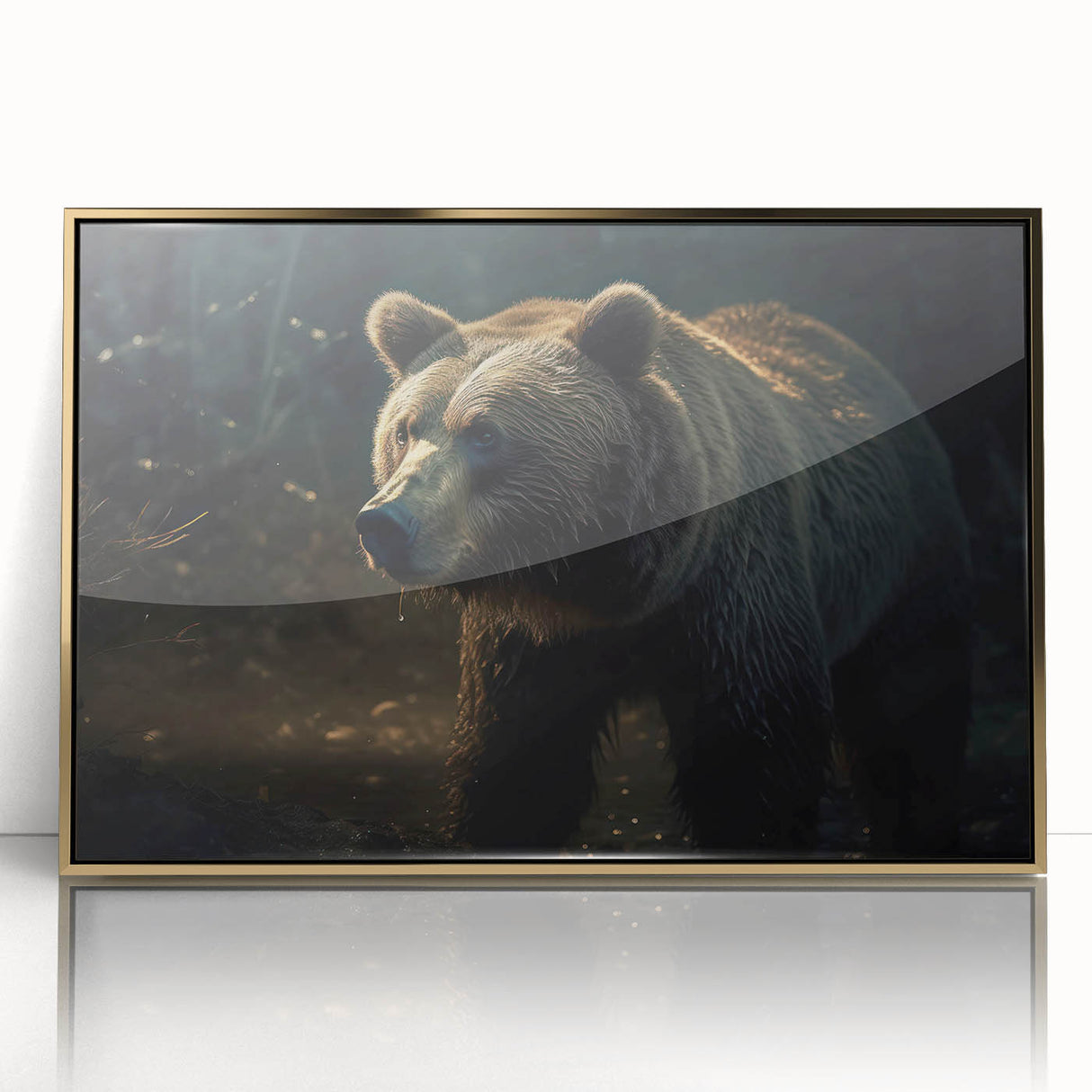 Framed wall art featuring a striking black bear design with a gold-accented acrylic front, perfect for nature lovers looking to enhance their home decor.