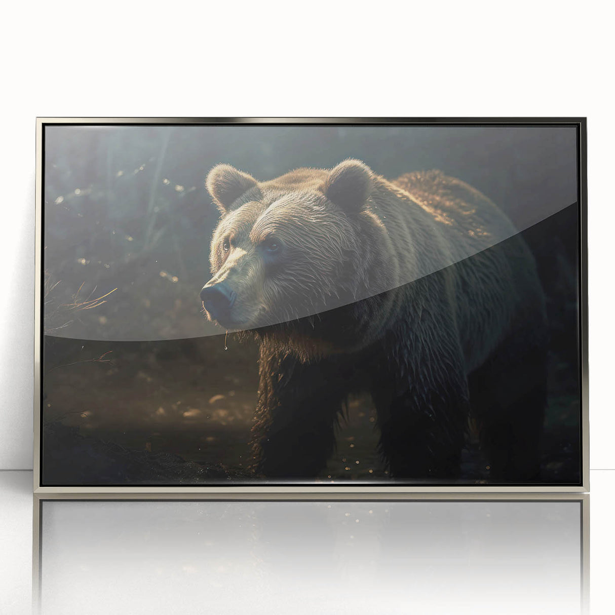Framed wall art showcasing a striking black bear design in an acrylic finish, featuring a sleek silver frame. Ideal for wildlife enthusiasts and modern decor.
