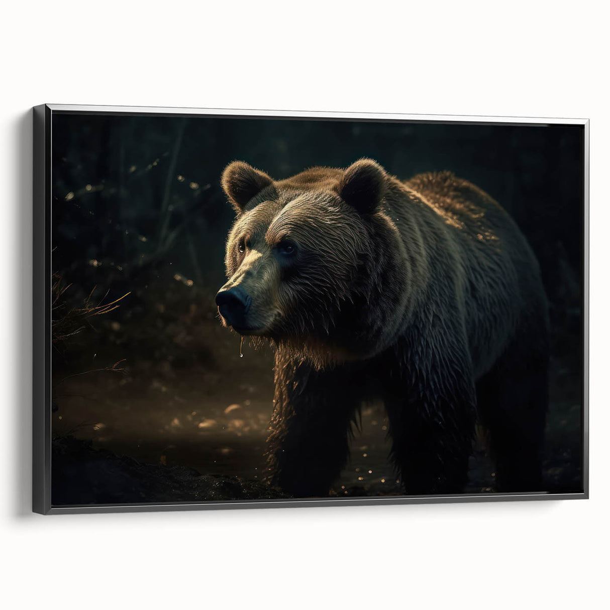 Framed wall art depicting a black bear design on canvas, showcasing intricate details and textures, set against a sleek black frame, ideal for rustic decor.