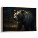 Framed canvas wall art showcasing a striking black bear design with gold accents, perfect for nature enthusiasts and home décor. The artwork captures the majestic essence of wildlife, ideal for adding a touch of elegance to any living space.
