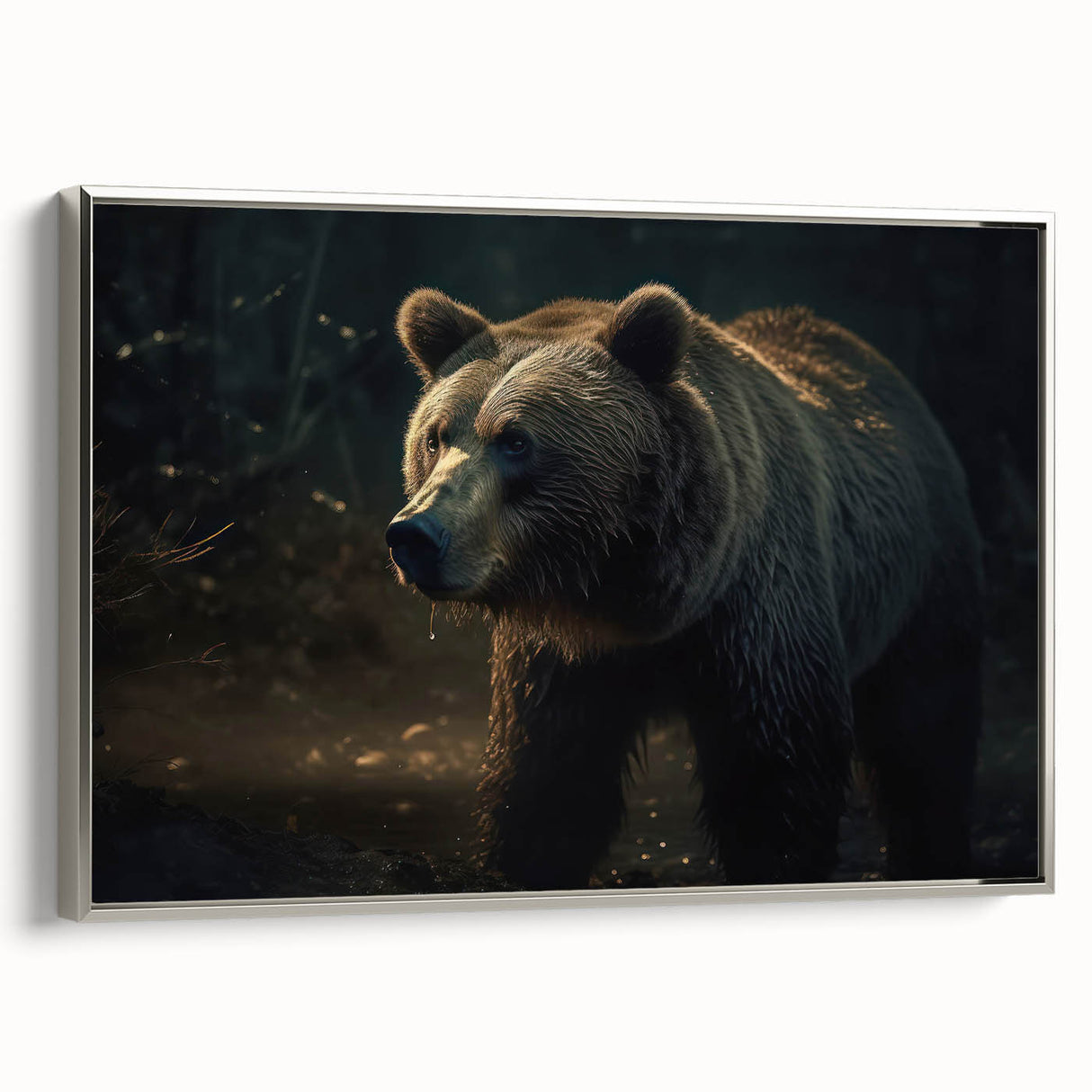 Framed canvas wall art showcasing a striking black bear design, elegantly presented with a silver frame, ideal for enhancing modern home decor.