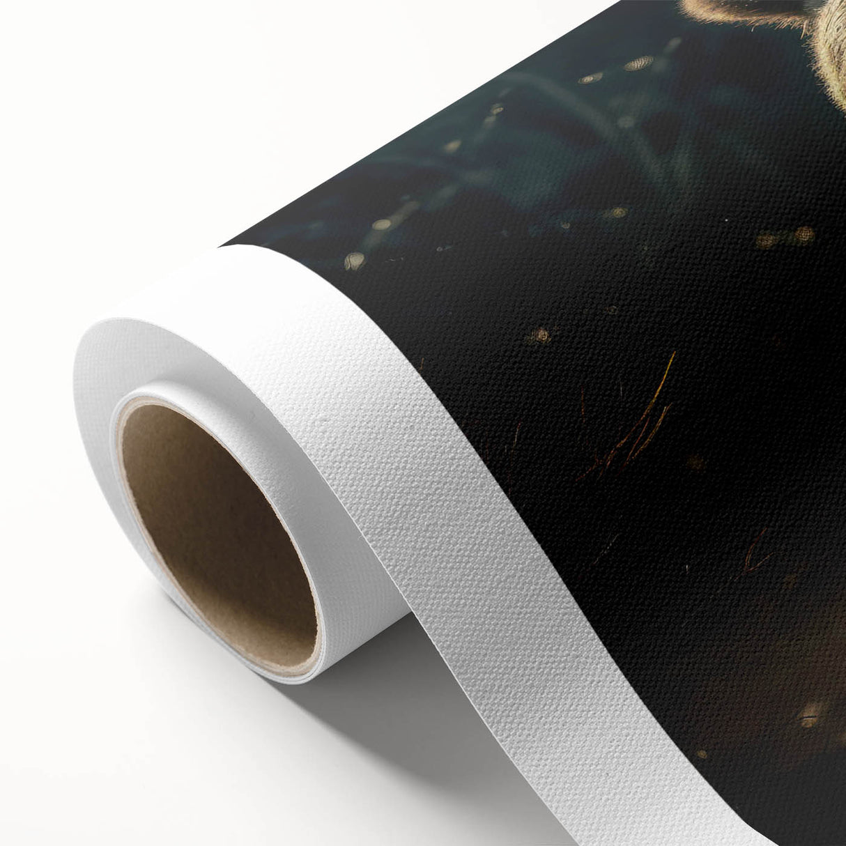 Black bear wall art design on rolled canvas, showcasing a striking, naturalistic depiction of a bear against a vibrant forest backdrop, perfect for home décor.