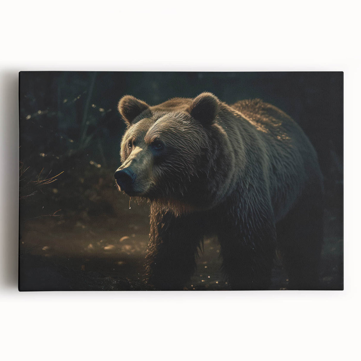 Black bear wall art design on stretched canvas, showcasing detailed fur textures and vibrant colors, ideal for wildlife enthusiasts and home decor lovers.