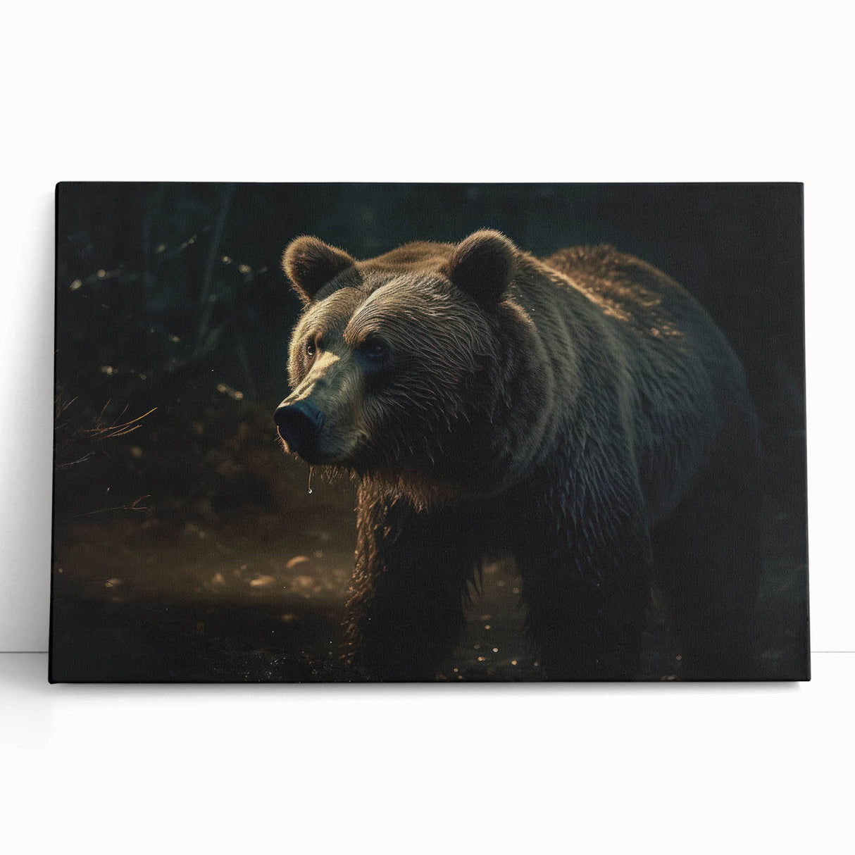 Stretched canvas wall art featuring a black bear design, showcasing detailed fur textures and natural colors, perfect for wildlife enthusiasts' decor.
