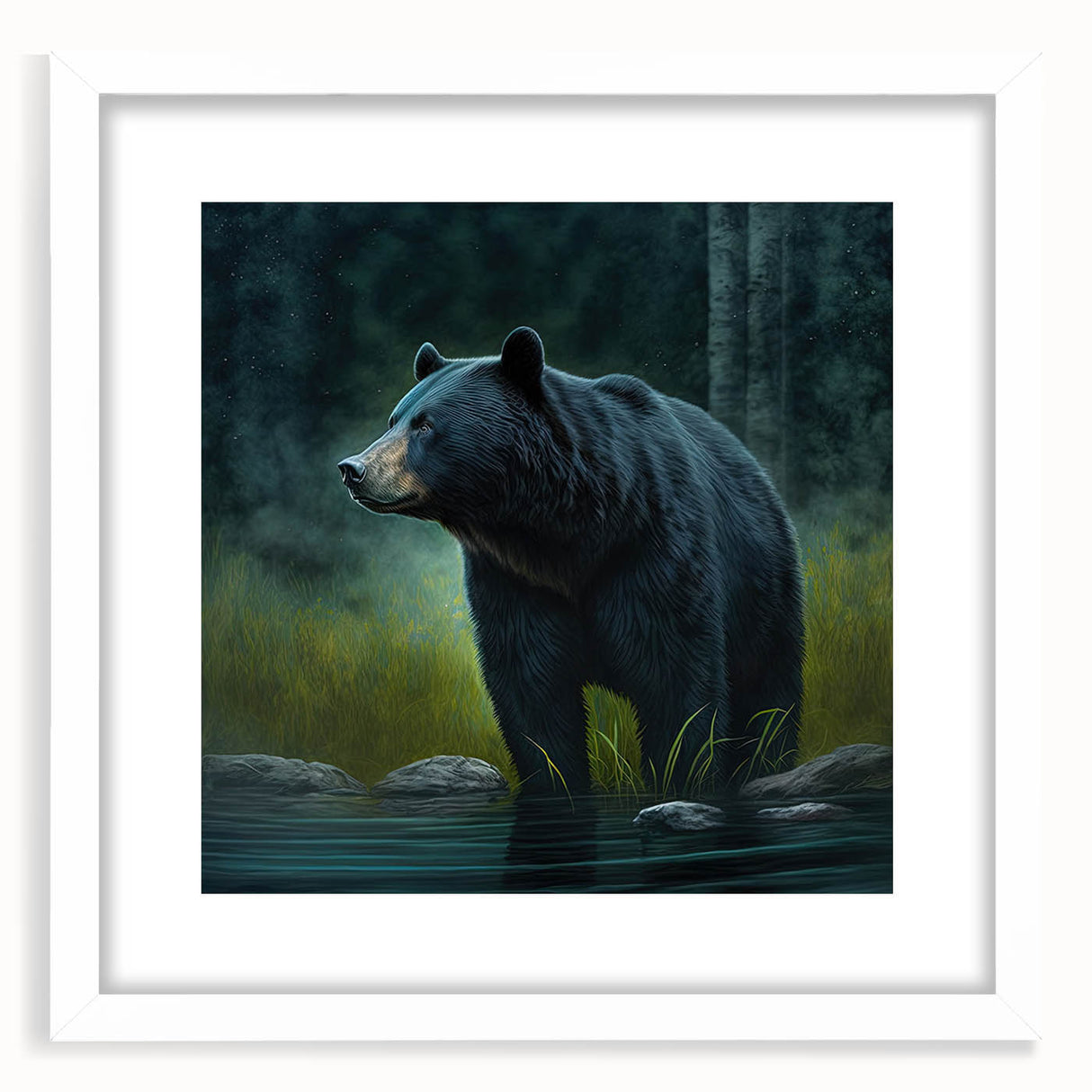 Framed wall art featuring a black bear design, showcasing intricate details and a white mat for contrast, ideal for nature-themed home decor.