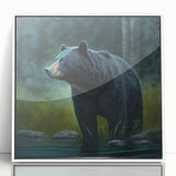 Framed wall art featuring a minimalist black bear design on a white background, elegantly displayed in a sleek acrylic frame, perfect for modern home decor.