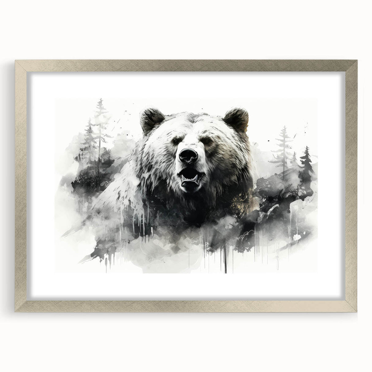 Black bear wall art framed with a silver mat, showcasing a nature-inspired design perfect for home decor. Ideal for wildlife enthusiasts and modern interiors.