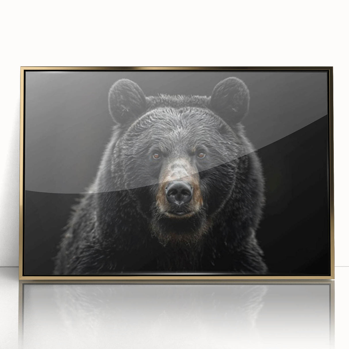 Framed wall art featuring a striking black bear design with a gold-accented frame, showcasing intricate details and vibrant colors, perfect for nature-themed decor.