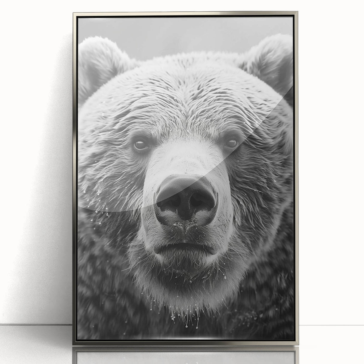 Framed black bear wall art design showcasing a striking silver-acrylic finish, ideal for enhancing modern home decor with a nature-inspired touch.