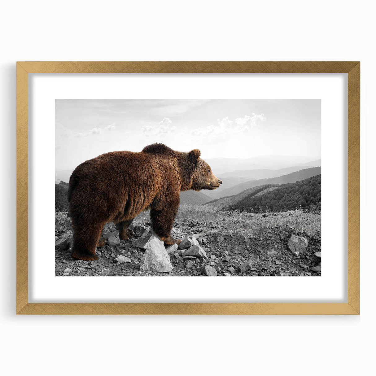 Brown bear wall art print in a gold frame, featuring a whimsical design with a mat, ideal for children's rooms or nature-themed decor. Perfect for animal lovers.