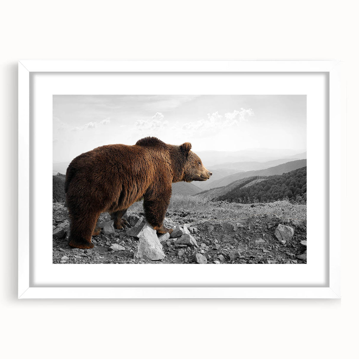 Brown bear wall art print framed in white, showcasing intricate design details and a modern aesthetic, perfect for enhancing home decor with wildlife themes.