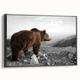 Framed canvas wall art featuring a stylized brown bear design, showcasing intricate details and a black frame, perfect for nature-themed home decor.