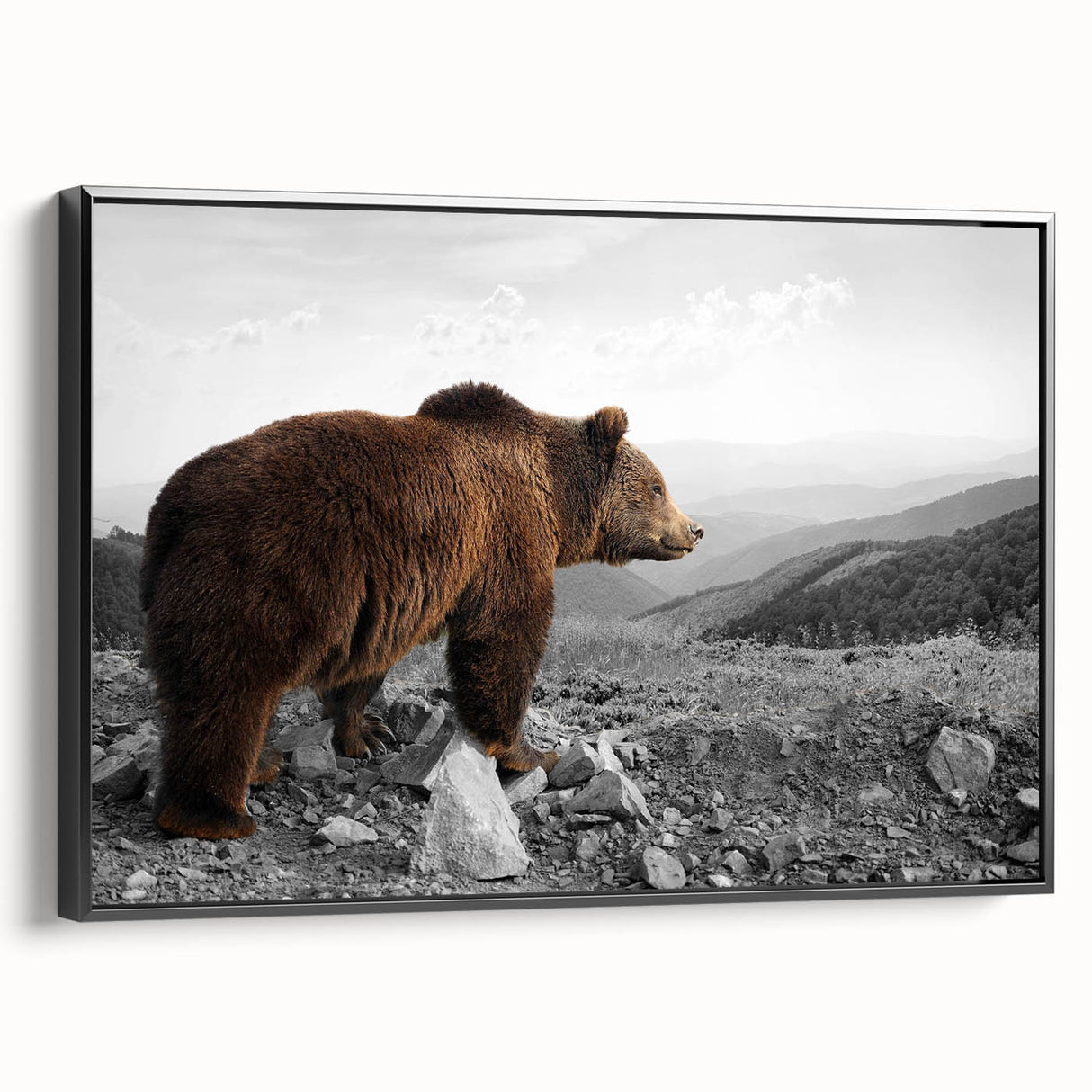 Framed canvas wall art featuring a stylized brown bear design, showcasing intricate details and a black frame, perfect for nature-themed home decor.