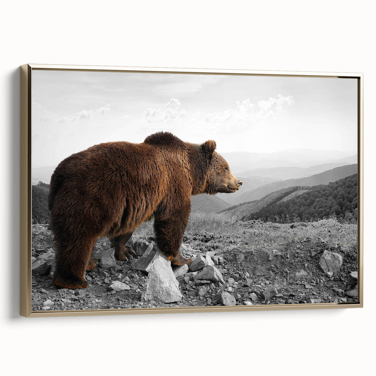 Framed wall art featuring a brown bear design, showcasing intricate details and a gold frame, perfect for adding a touch of nature to home decor.