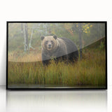 Framed acrylic wall art featuring a brown bear design, showcasing intricate details and a black frame, ideal for nature-themed home decor.