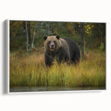 Framed canvas wall art depicting a minimalist brown bear design, showcasing elegant linework on a white background, ideal for cozy home decor.