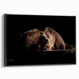 Framed canvas wall art featuring a brown bear design, showcasing intricate details and rich colors, displayed against a black background to enhance its visual appeal.
