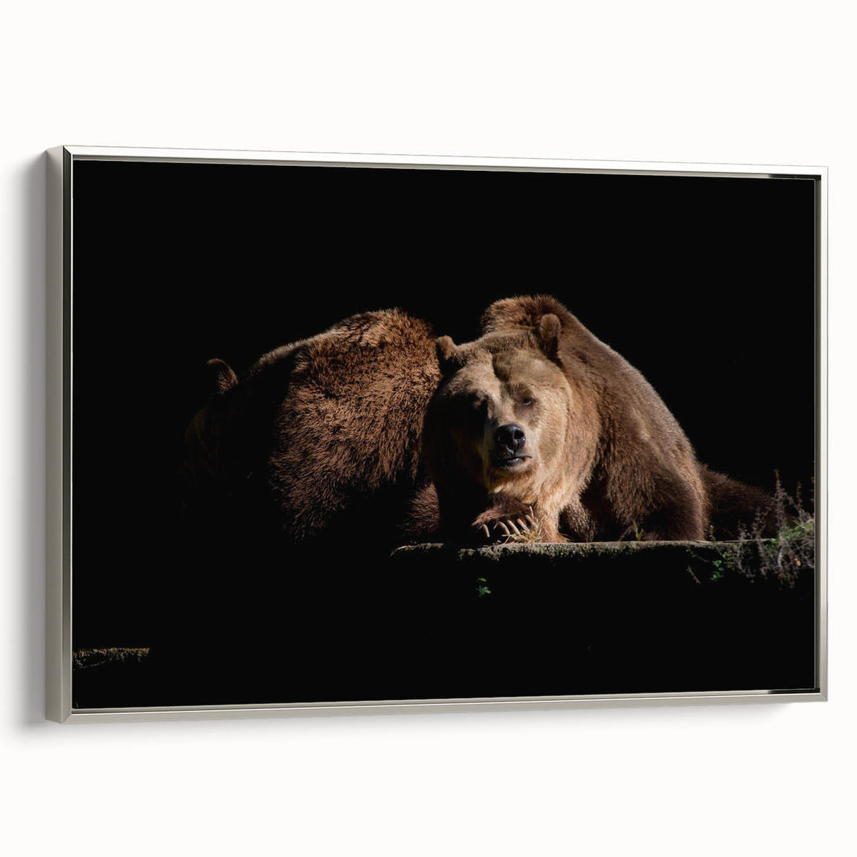 Framed wall art featuring a brown bear design on canvas, elegantly displayed with a sleek silver frame, ideal for nature-themed home decor.