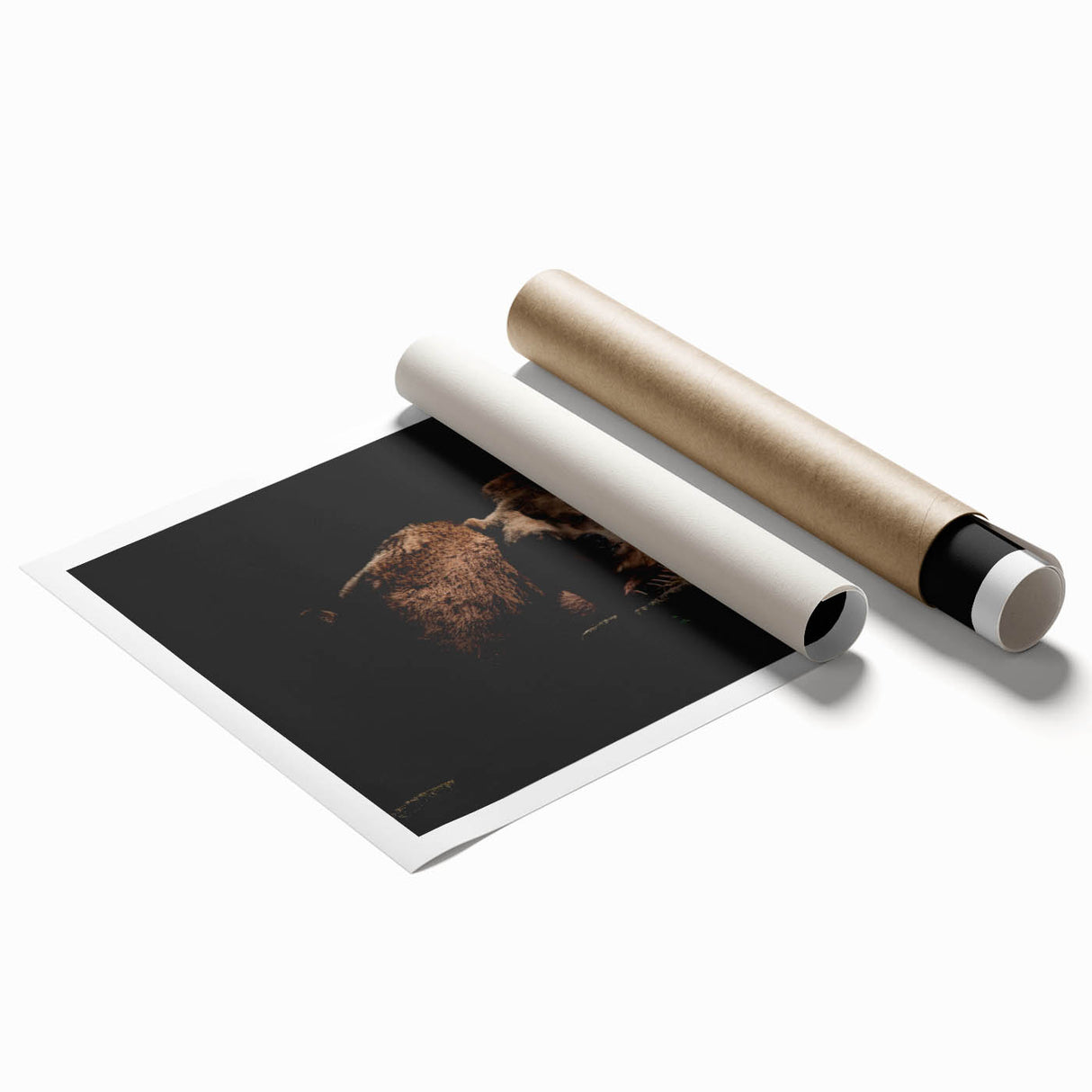 Brown bear wall art print showcasing a minimalist design with earthy tones, rolled for easy shipping and perfect for nature-inspired home decor.
