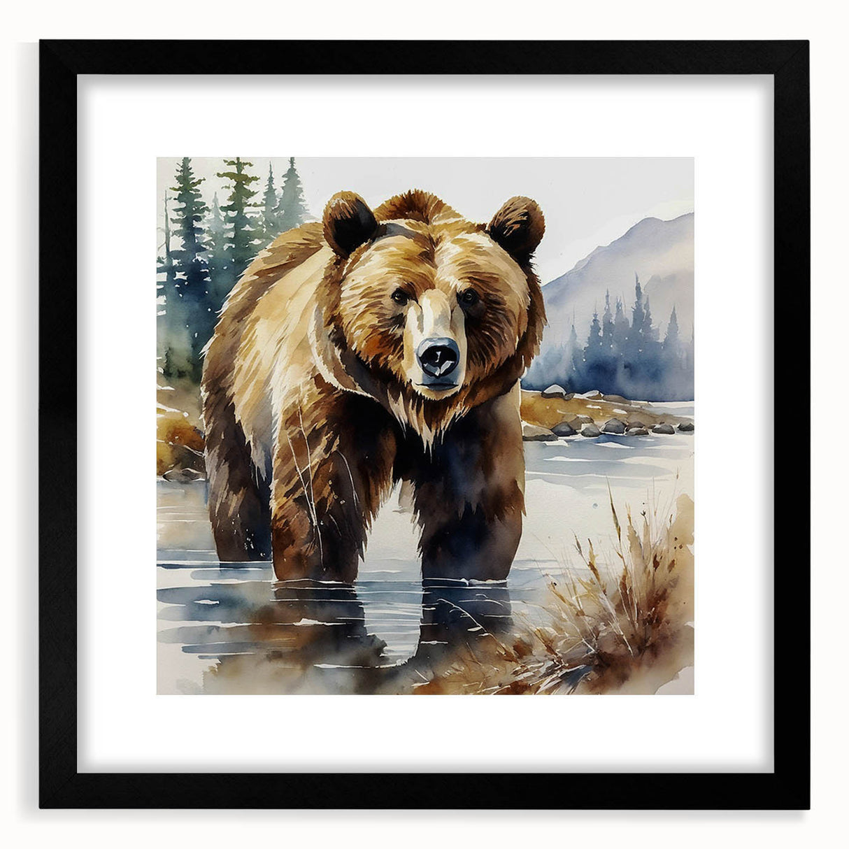 Brown bear wall art collection framed with a black mat, showcasing a detailed illustration of a bear in a serene woodland setting, perfect for nature lovers.
